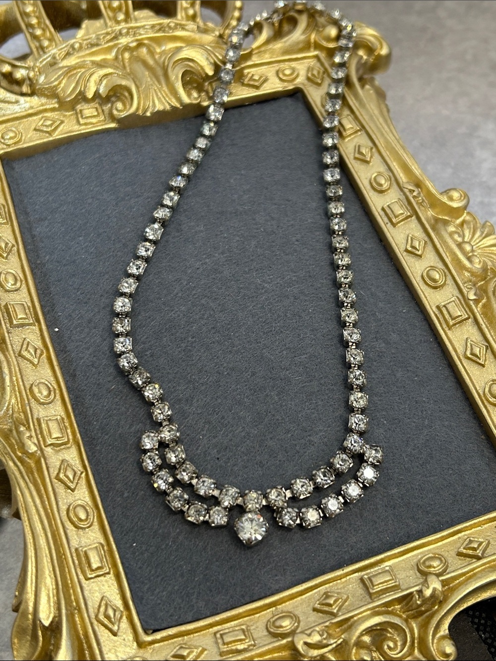 Vintage Crystal Drop Single Strand Necklace - Silver Tone